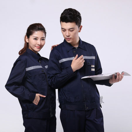 藏青拼米色滌棉線卡超市工作服AC090-CS