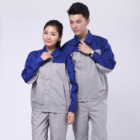 艷藍(lán)配淺灰滌棉紗卡商場(chǎng)超市工作服AC072-CS