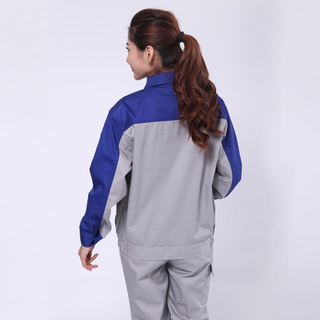 艷藍(lán)配淺灰滌棉紗卡商場超市工作服AC072-CS