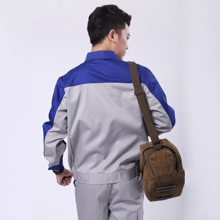 艷藍(lán)配淺灰滌棉紗卡商場超市工作服AC072-CS